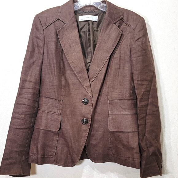 Zara Basic Jacket L Brown Ramie Linen Like Texture Large Blazer Belted Back - Picture 2 of 10